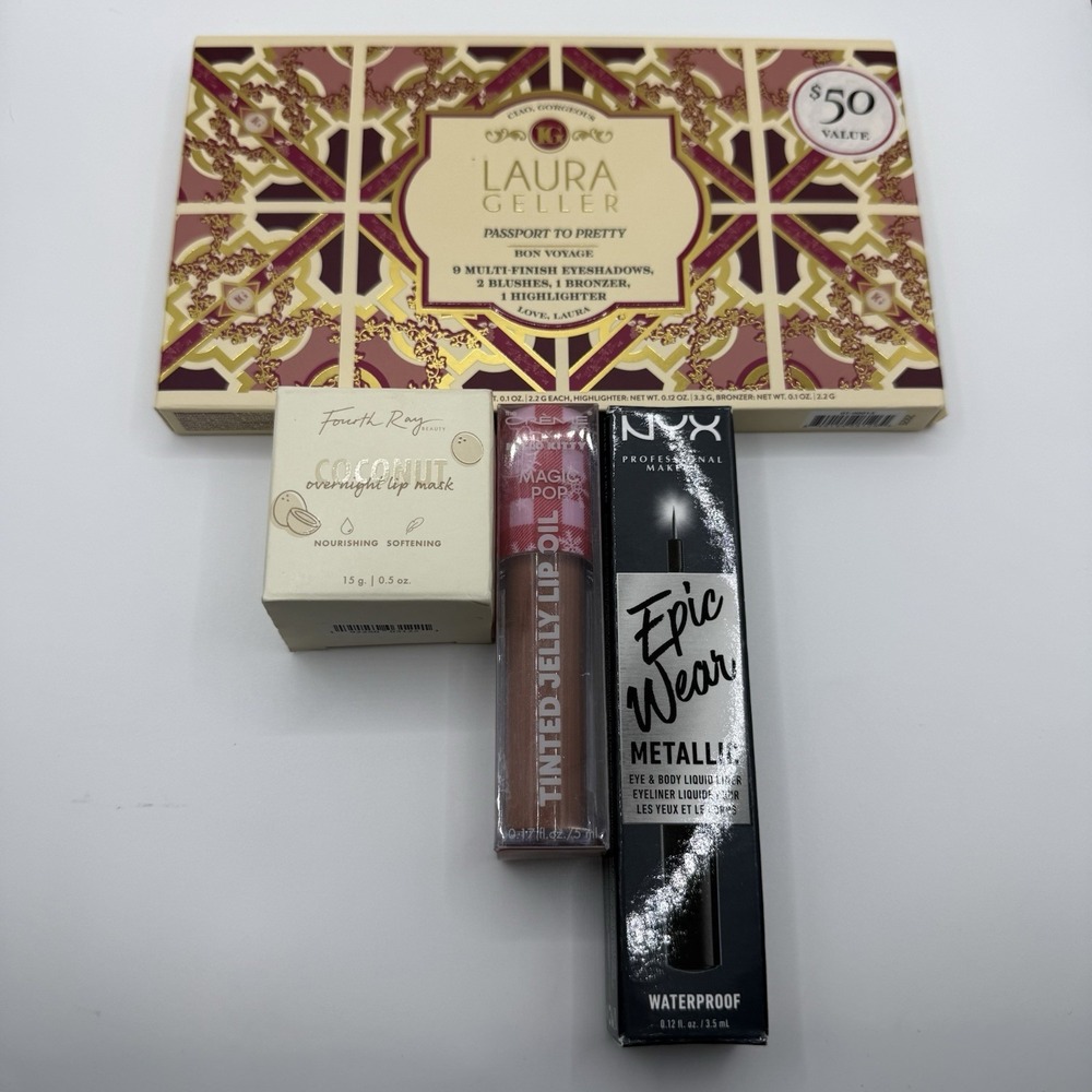 Laura Geller Face Palette, NYX Eyeliner,Fourth Ray Lip Mask, Crème X Hello Kitty